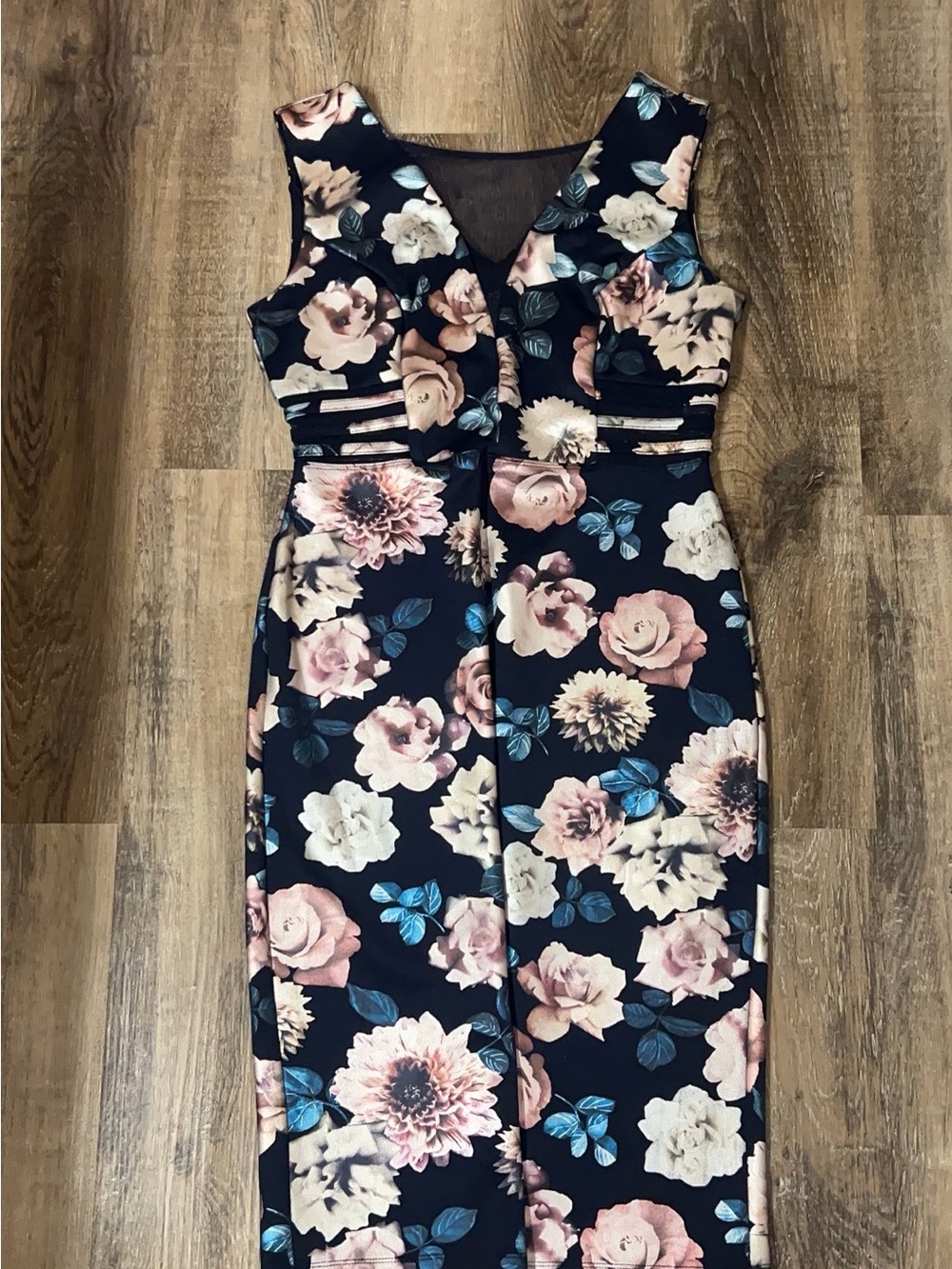Enfocus Studio Navy Midi Dress with Pink & Blue Floral Print